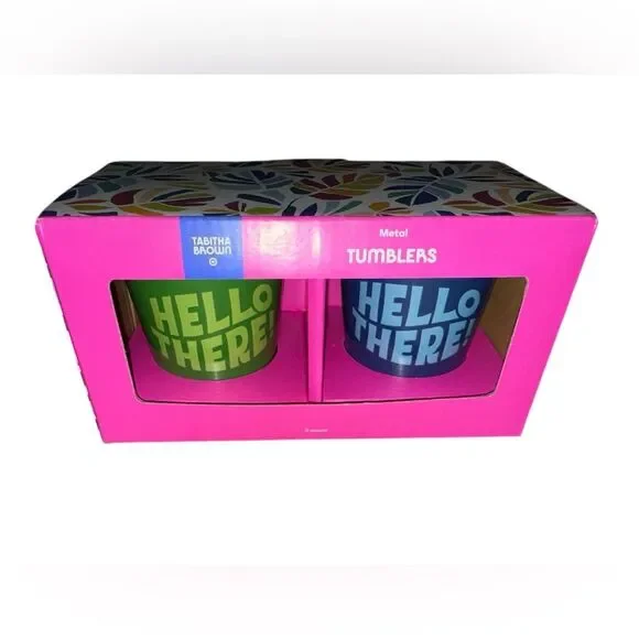 Tabitha Brown Hello There 2 Pack Metal Tumbler Green Blue Pink Box NEW DRINKWARE - Picture 1 of 3